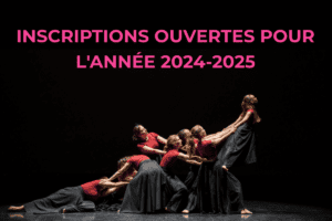 bannière avec un texte "inscription ouvertes pour l'année 2024-2025" pour signaler l'ouverture des inscriptions au cours de danse