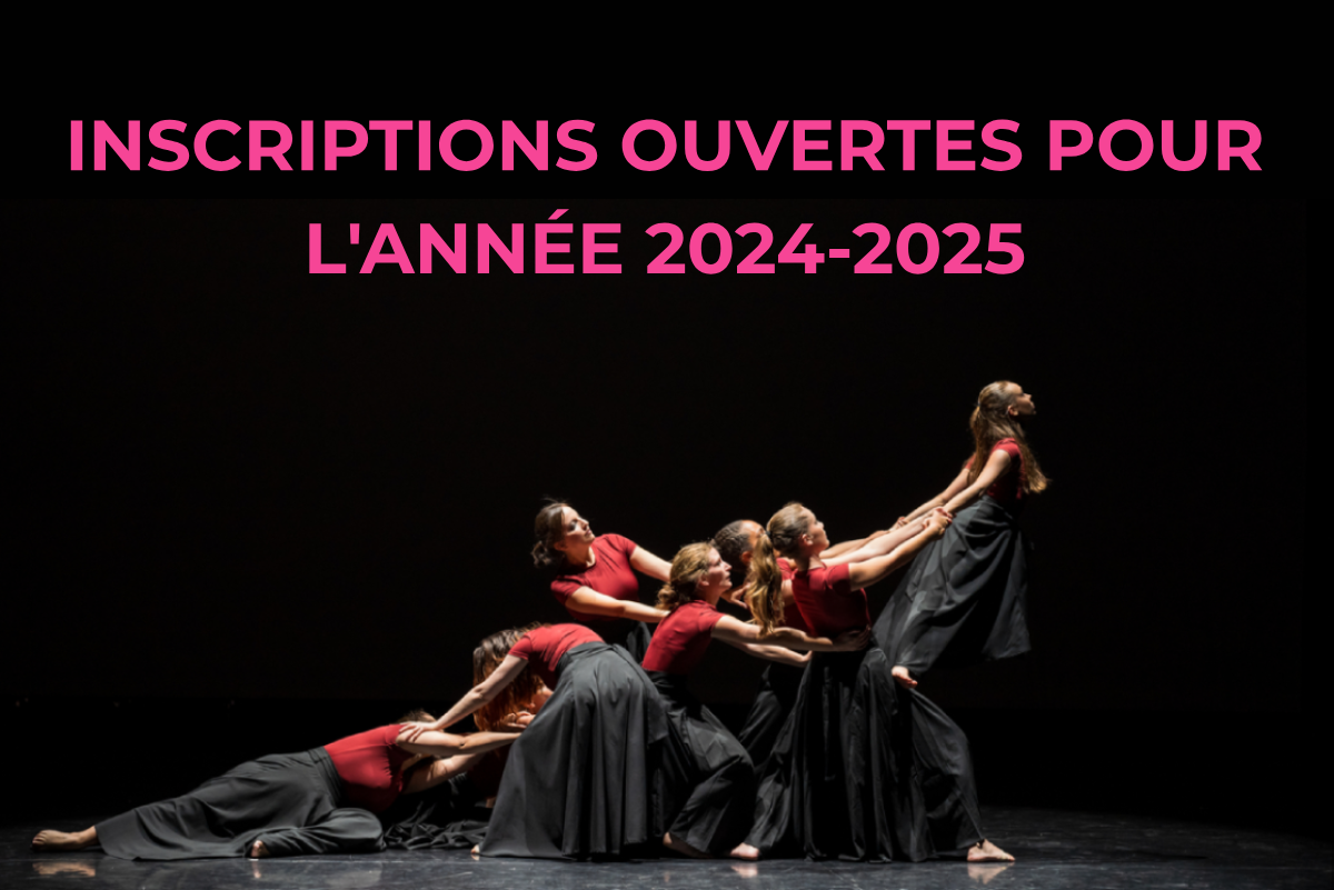 bannière avec un texte "inscription ouvertes pour l'année 2024-2025" pour signaler l'ouverture des inscriptions au cours de danse